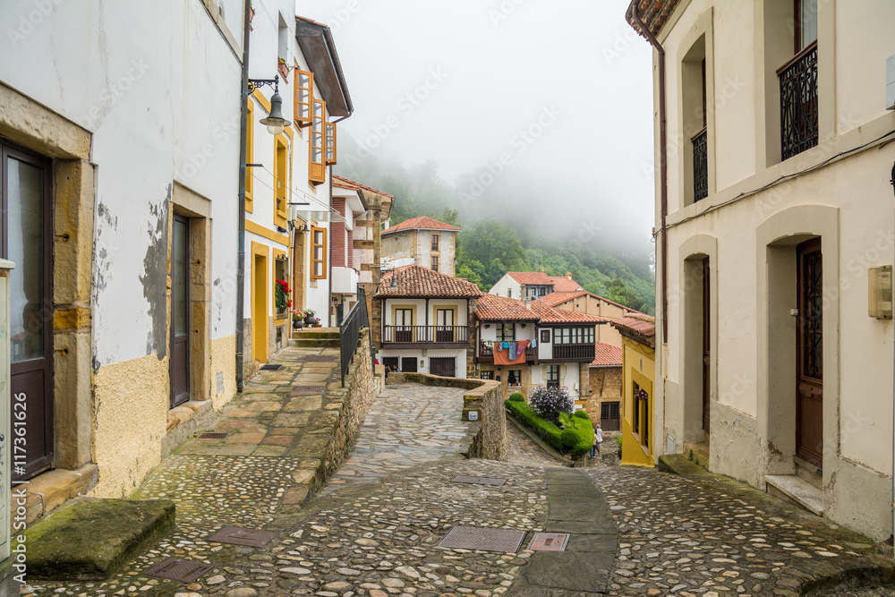 streets of lastres village at asturias, spain