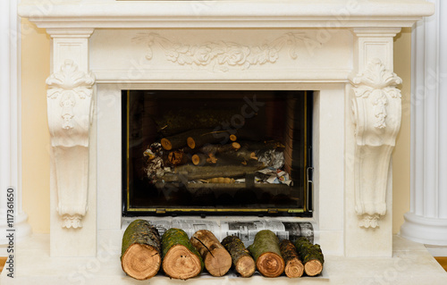 Classic Fireplace in white stone with ornaments