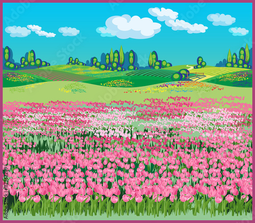 picturesque country landscape with tulips