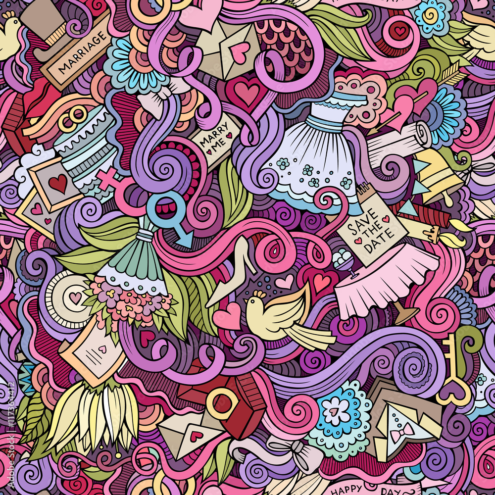 Fototapeta premium Cartoon doodles wedding seamless pattern