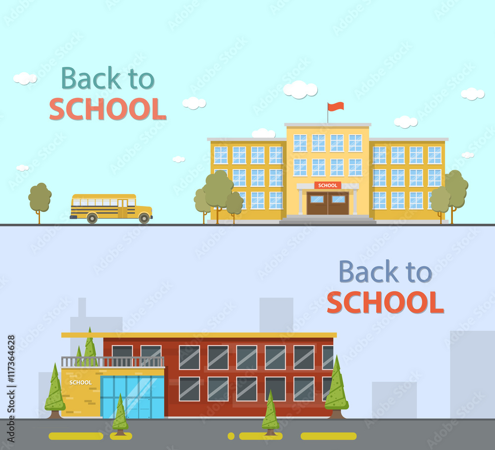 School buildings, bus. Flat style vector illustration.