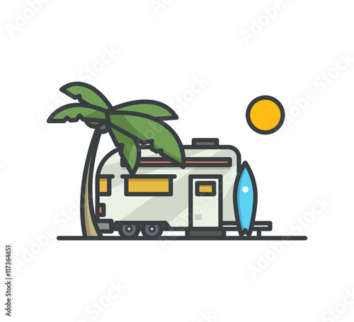 Surf camp. Modern outline vector illustration.