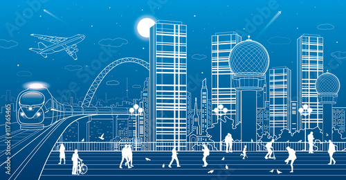 Urban panorama, office buildings and shopping centers, train rides on the bridge, people walk on the square, the city's infrastructure, neon town, airplane fly, vector design art