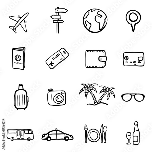 Vector Set of Black Doodle Travel and Vacation Icons