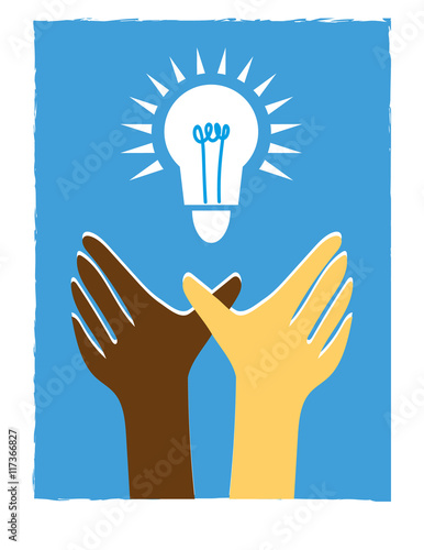 Two hands in brown and white reaching up for a light bulb symbol in a blue sky as a metaphor for shared ideas
