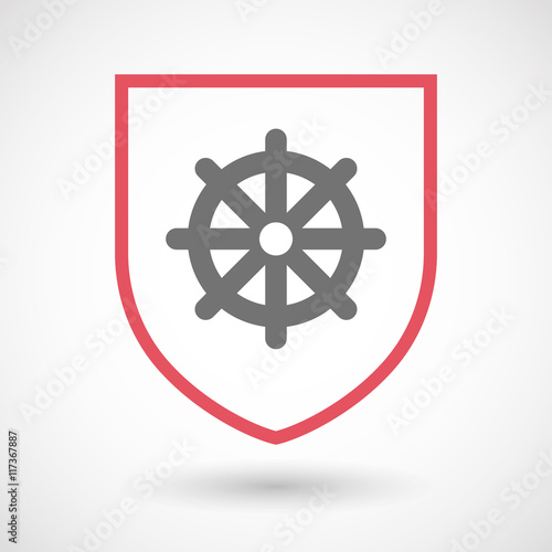 Isolated line art shield icon with a dharma chakra sign