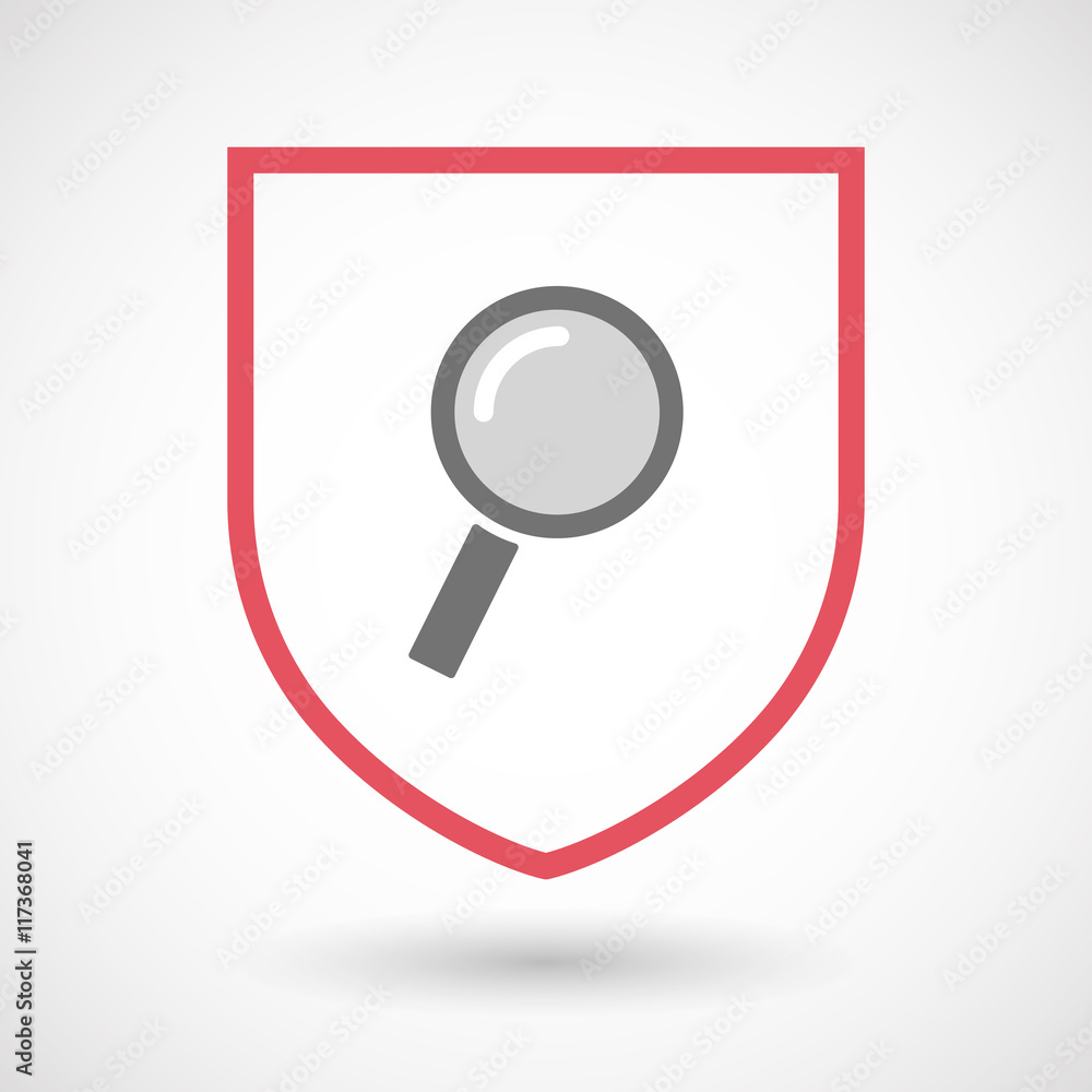 Isolated line art shield icon with a magnifier