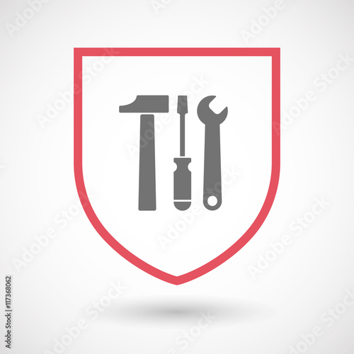Isolated line art shield icon with a tool set