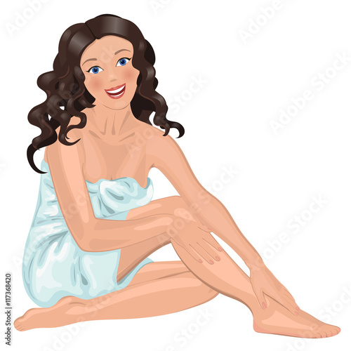 The girl in a towel with her hair, stroking hands feet, smiling. Spa. Vector illustration. Isolated object on  white background.