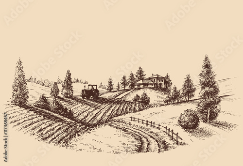 Farm landscape etch, agriculture scene
