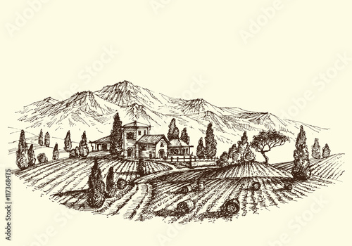 Agriculture landscape. Land after harvest, farm and hay bales