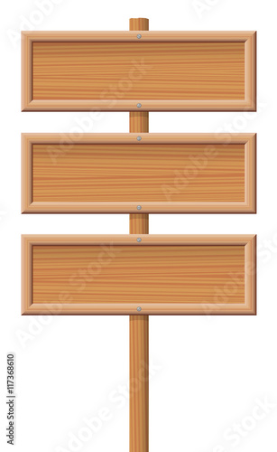 Three wooden unlabeled signboards screwed on a wooden pole.