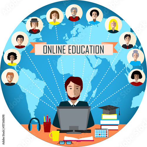 Tutor and his online education group on the globe background. Concept of distance education and e-learning.