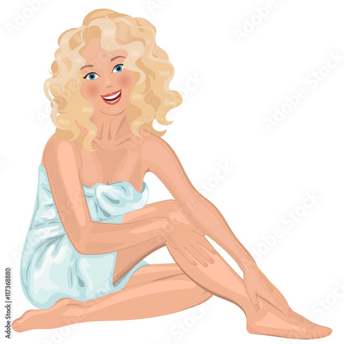 Well-groomed woman with her hair in a towel, smiling, stroking his feet   hands. Vector illustration. Isolated object on  white background.