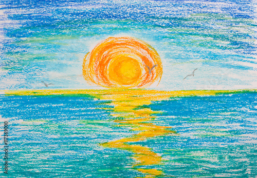 Sunset on the sea with seagulls. Drawing with crayons