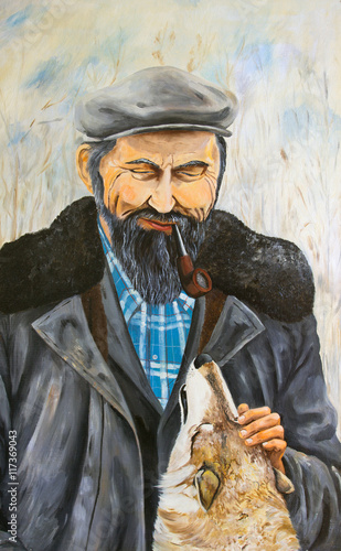 Portrait of an elderly man with a dog. Oil painting © kharhan