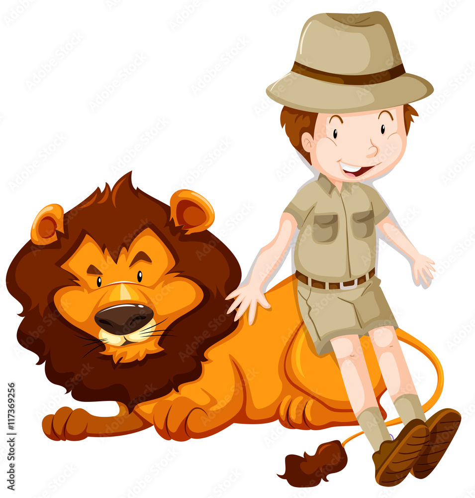 Fototapeta premium Boy in safari suit and wild lion