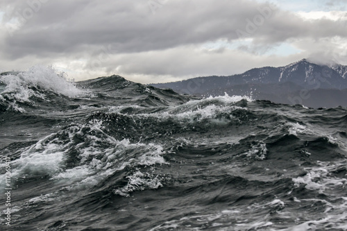 storm surge on the background of the Northern mountains