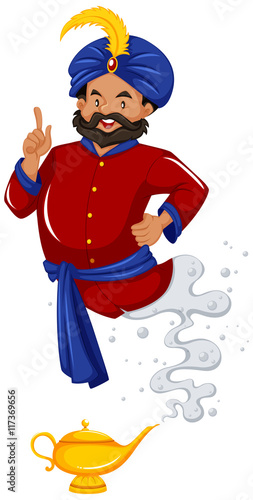 Genie in red shirt came out of lamp