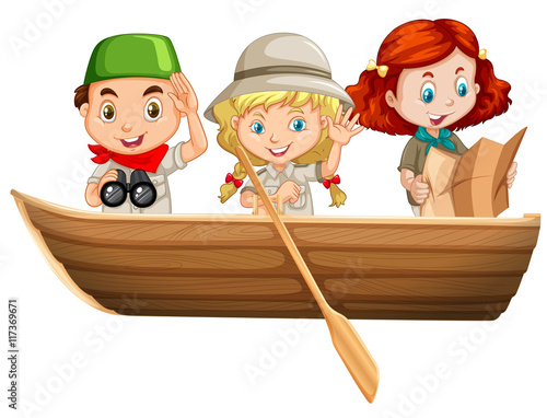 Three kids riding on rowboat