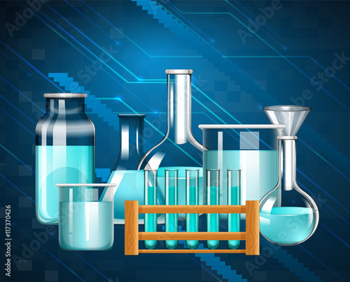 Glass beakers and testtubes with blue liquid