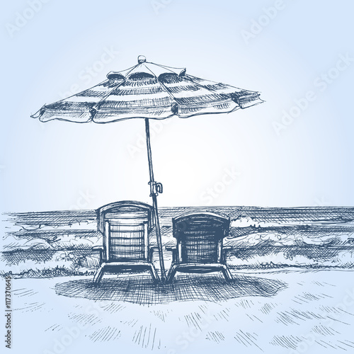 Sunbeds and umbrella on the beach. Summer holiday drawing