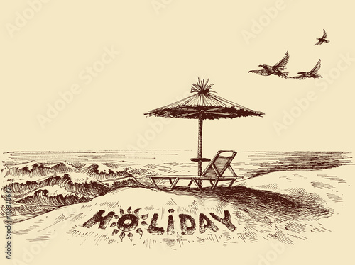 Lounger and umbrella on the beach near sea waves. Holiday writte