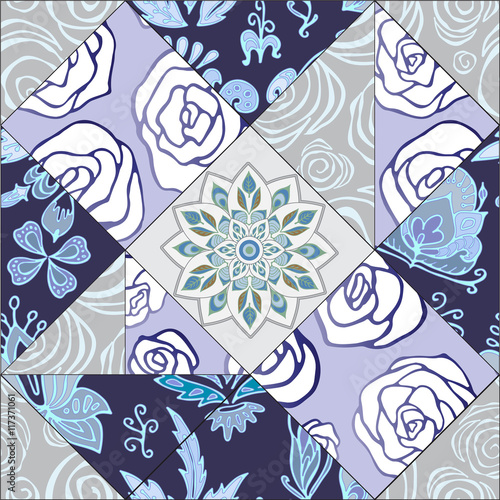 abstract seamless patcwork tile with floral ornament.arabic or o