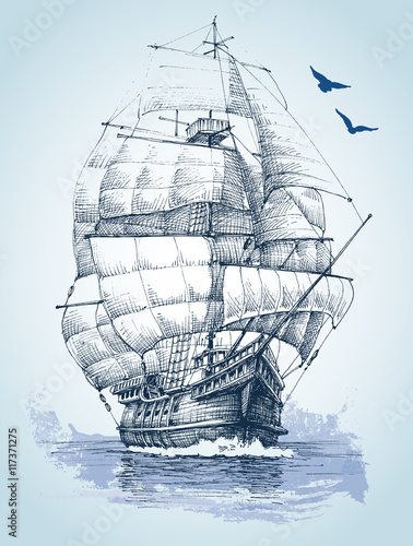 Boat on sea drawing. Sailboat vector sketch photo
