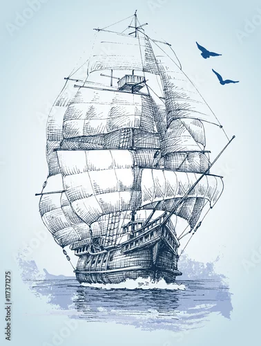 Obraz Łódka na morzu rysunek. Szkic wektor żaglówkę