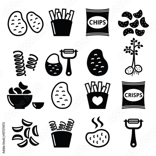 Potato, French fries, crisps, chips vector icons set 