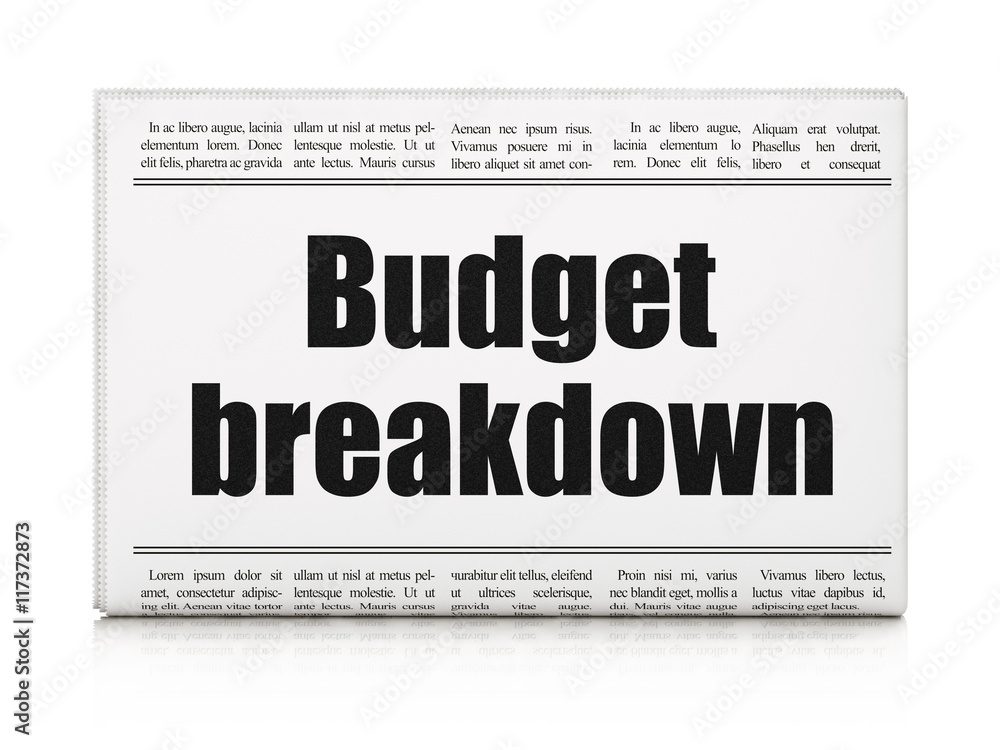 Business concept: newspaper headline Budget Breakdown