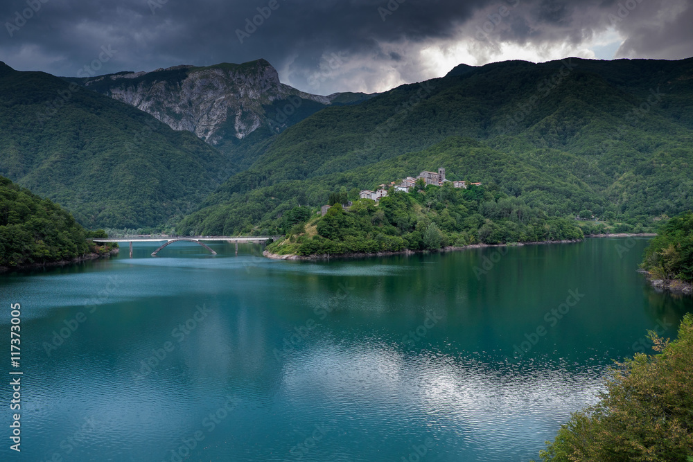 Vagli di Sotto village on Lago di Vagli, Vagli lake, Tuscany, It