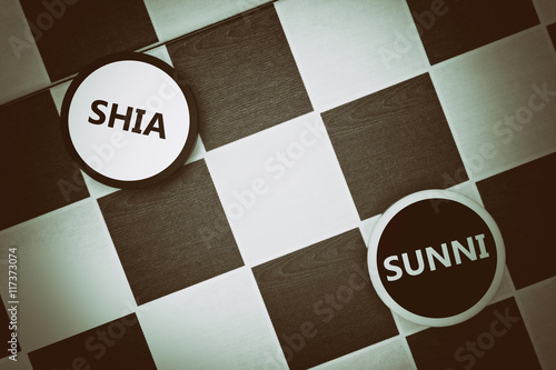 Draughts (Checkers) - Shia vs Sunni. Religious conflict and hostile relation between two major denominations of Islam based on problem of succession and leadership of cleric successor