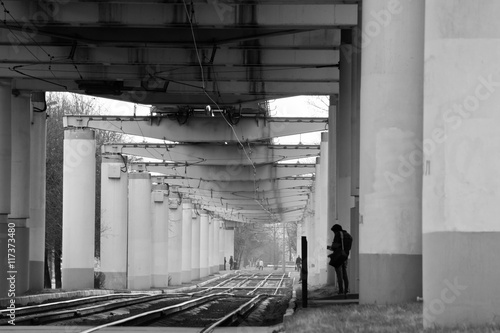 tram rails black and white