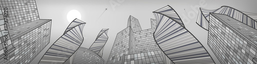 Business building, silver city panorama, urban life, infrastructure illustration, modern architecture, skyscrapers, airplane flying, vector design art