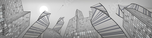 Business building  silver city panorama  urban life  infrastructure illustration  modern architecture  skyscrapers  airplane flying  vector design art