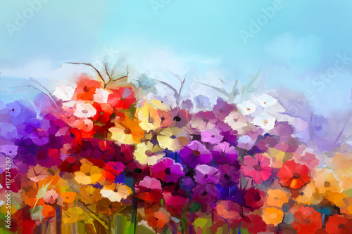 Abstract oil painting white,yellow, red daisy, gerbera flower in field. Painting summer, spring flowers in meadows landscape. Purple, blue sky color background. Hand painted floral Impressionist style