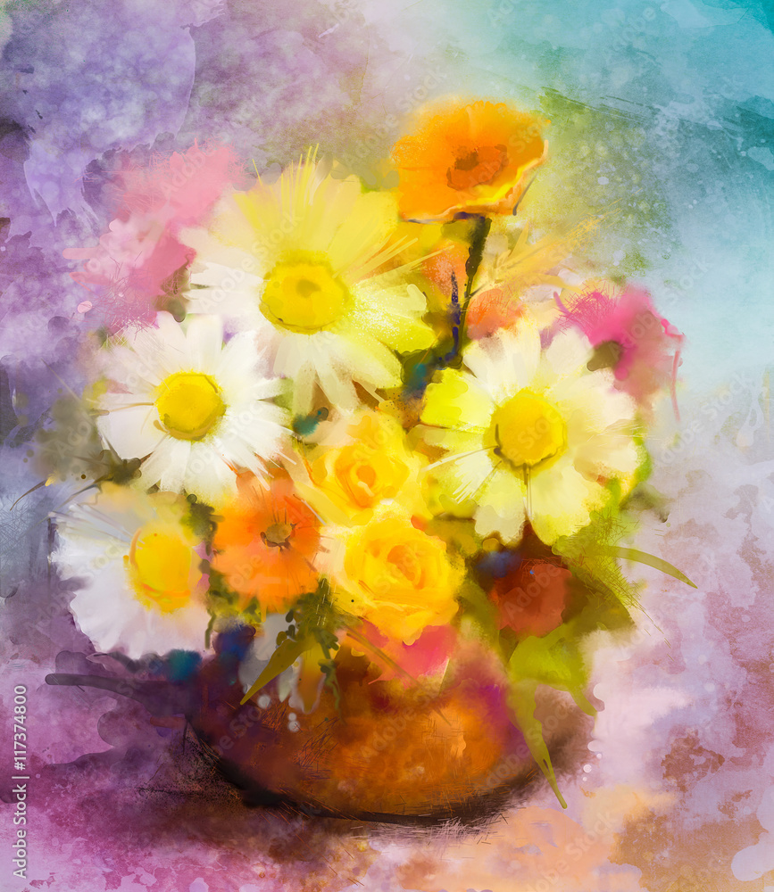 Fototapeta premium Watercolor painting flowers. Hand paint bouquet still life of yellow sunflower and violet aster flowers in vase on grunge textures background. Vintage painting style. Spring flower nature background