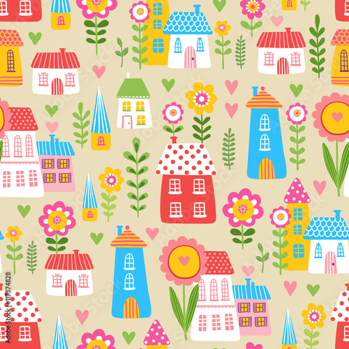 Vector seamless pattern with a cute children s houses and flowers on a beige background. The illustration of the houses and plants.