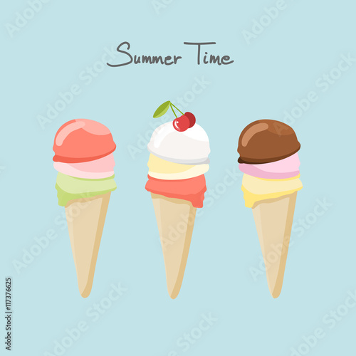 Three Ice Cream Cones, isolated vector illustration