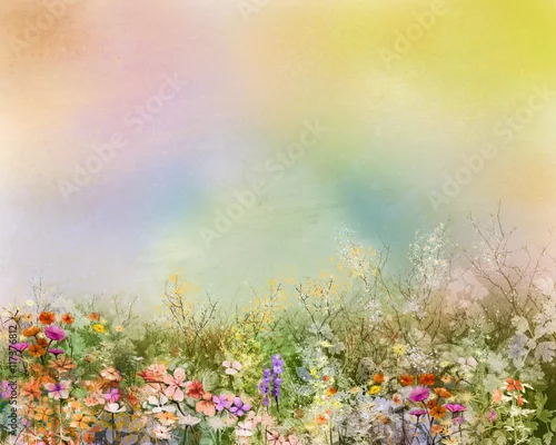 Obraz Abstrakcjonistyczna obraz olejny kwiatów roślina. Fioletowy kosmos, biała stokrotka, chaber, dziki kwiat, kwiat mniszka lekarskiego na polach. Ręcznie malowane kwiatowy łąka i żółte tło. Tło wiosna natura kwiat