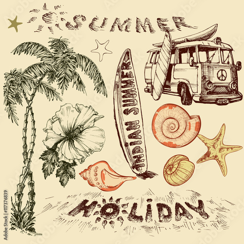Summer holiday vector set, surf elements