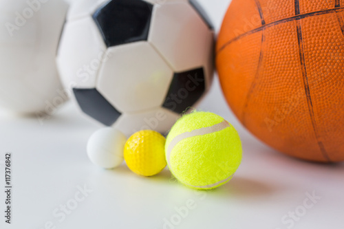 close up of different sports balls set