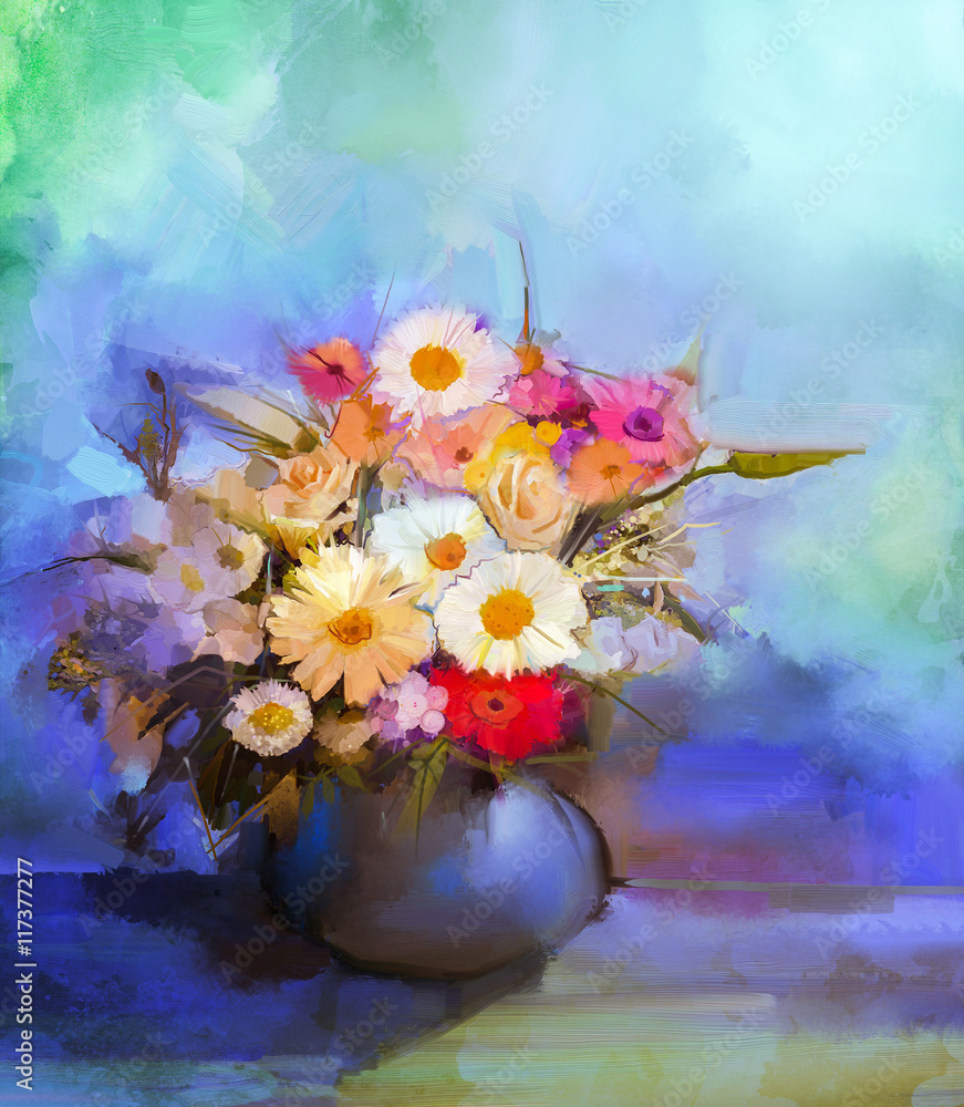 Oil painting flowers in vase. Hand paint still life bouquet of White ...
