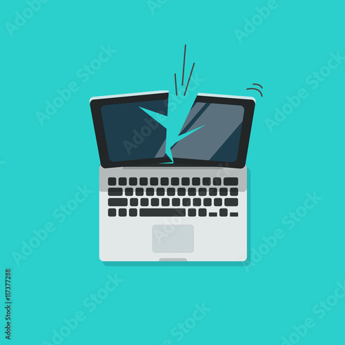 Crashed broken laptop computer vector icon illustration isolated on blue color background, breakdown crushed pc display flat cartoon design