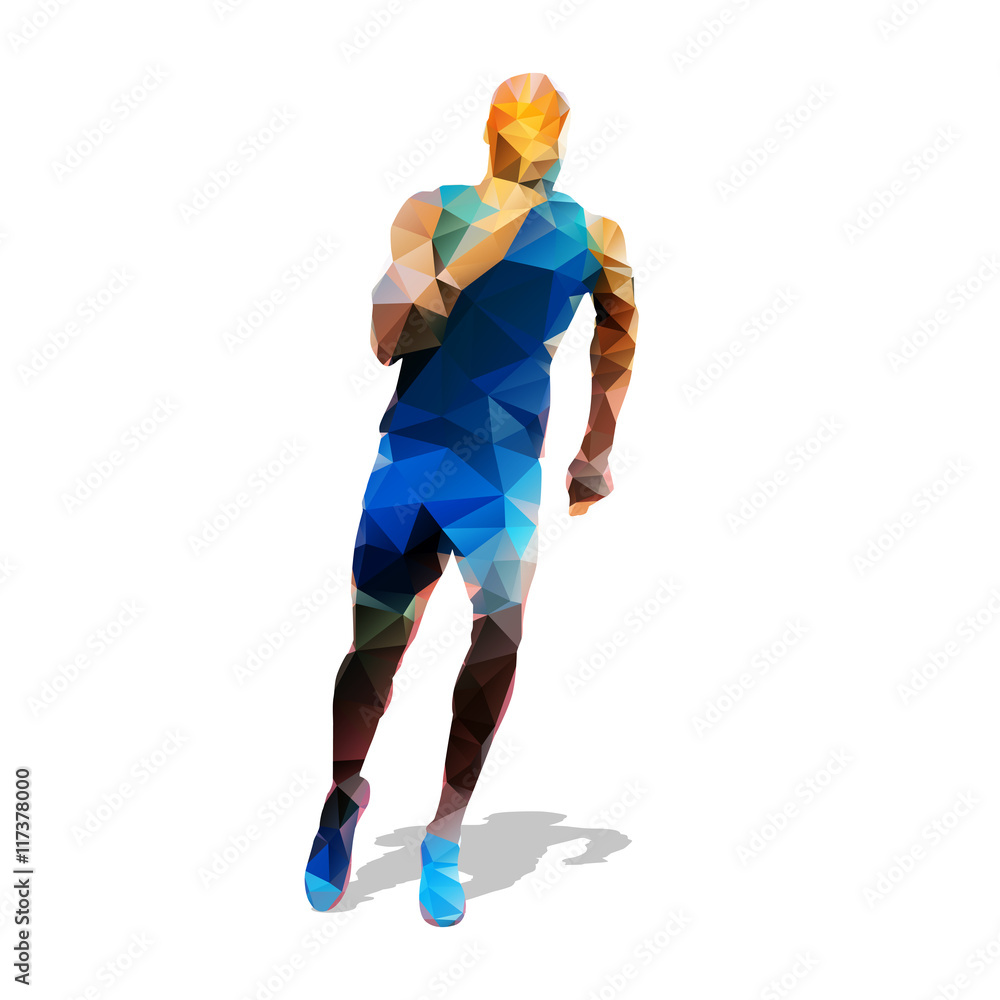 Running man, geometrical vector silhouette, front view. Runner