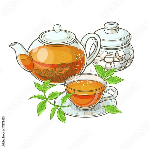 cup of tea, teapot, sugar bowl and tea leaves