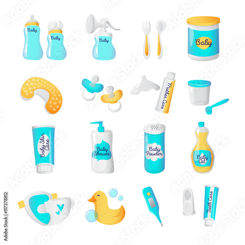 Vector baby accessories icons. Cartoon style newborn objects set.