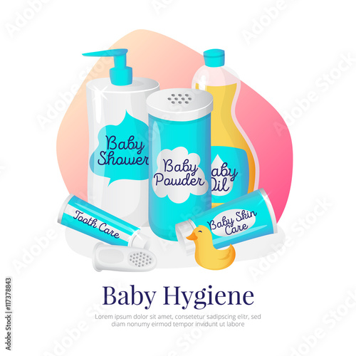 Vector baby hygiene illustration. Newborn accessories in cartoon style